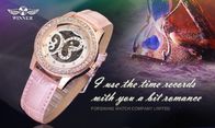 아날로그 큰 얼굴 여자의 손목 시계 가죽 분홍색 유행 손 바람 기계적인 손목 시계